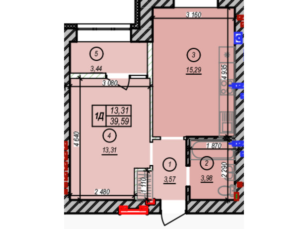 ЖК Молодость: планировка 1-комнатной квартиры 39.59 м²