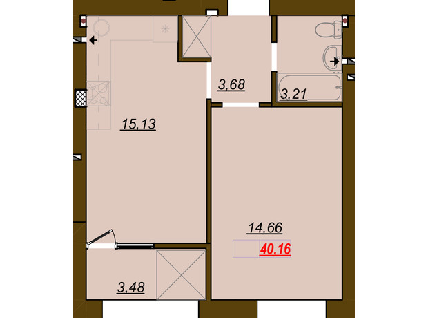 ЖК Молодость: планировка 1-комнатной квартиры 40.95 м²