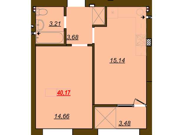 ЖК Молодість: планування 1-кімнатної квартири 40.91 м²