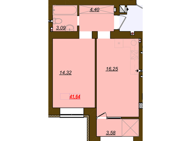 ЖК Молодость: планировка 1-комнатной квартиры 41.64 м²