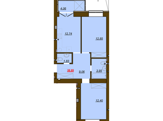 ЖК Молодость: планировка 2-комнатной квартиры 56.89 м²