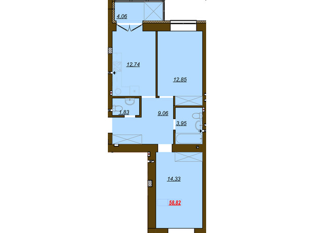 ЖК Молодость: планировка 2-комнатной квартиры 58.82 м²