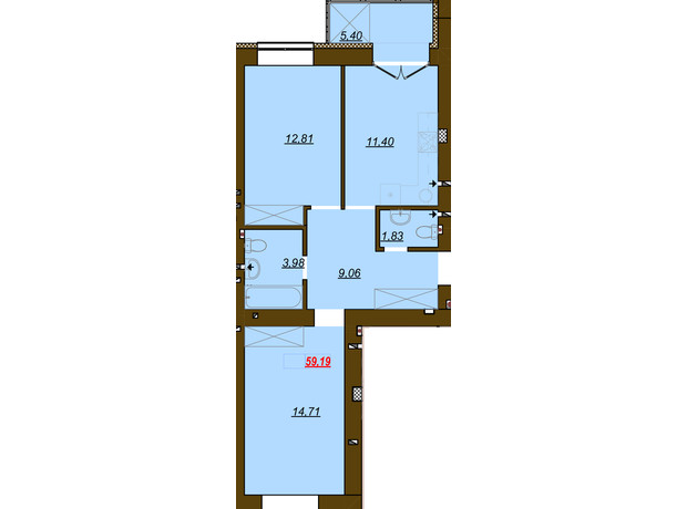 ЖК Молодость: планировка 2-комнатной квартиры 59.19 м²