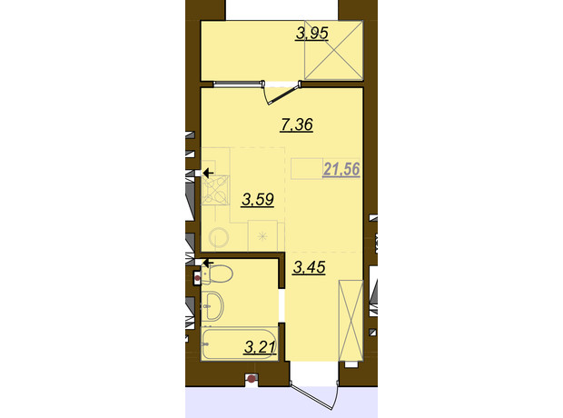 ЖК Молодість: планування 1-кімнатної квартири 22.06 м²