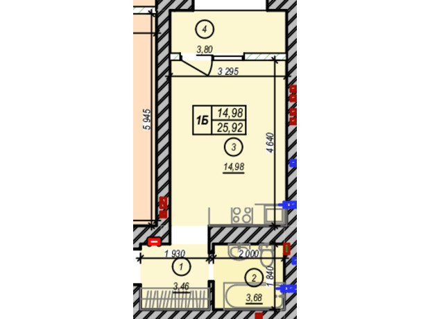 ЖК Молодість: планування 1-кімнатної квартири 25.92 м²