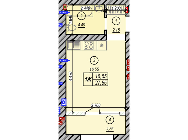 ЖК Молодість: планування 1-кімнатної квартири 27.55 м²