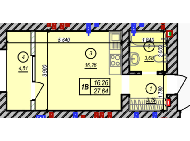 ЖК Молодість: планування 1-кімнатної квартири 27.64 м²