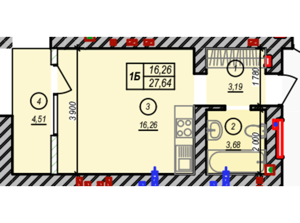 ЖК Молодость: планировка 1-комнатной квартиры 27.64 м²