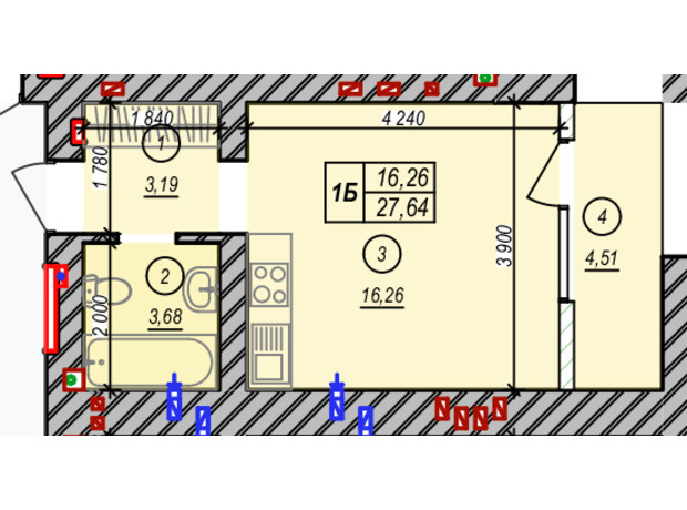 ЖК Молодість: планування 1-кімнатної квартири 27.64 м²