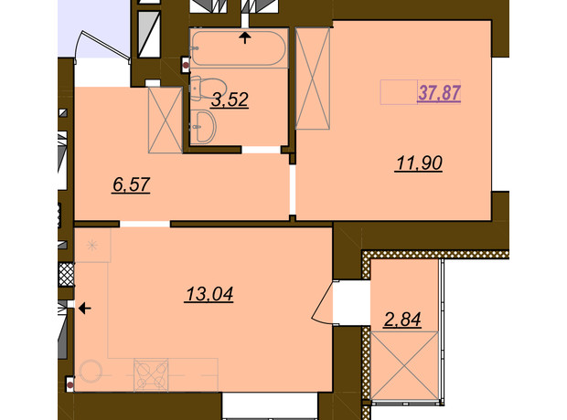 ЖК Молодость: планировка 1-комнатной квартиры 37.87 м²