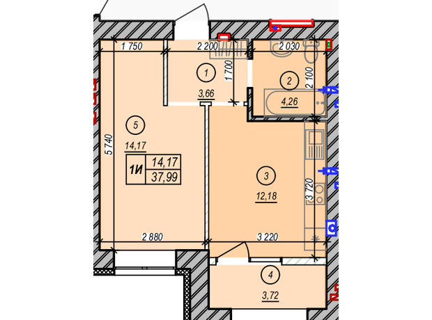 ЖК Молодость: планировка 1-комнатной квартиры 37.99 м²