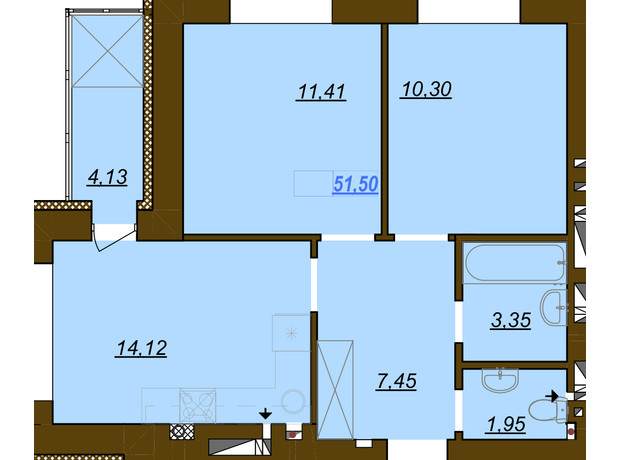 ЖК Молодость: планировка 2-комнатной квартиры 51.5 м²