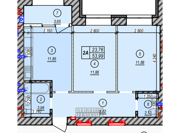 ЖК Молодость: планировка 2-комнатной квартиры 53.99 м²