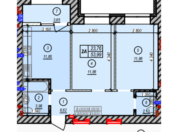 ЖК Молодость: планировка 2-комнатной квартиры 53.99 м²