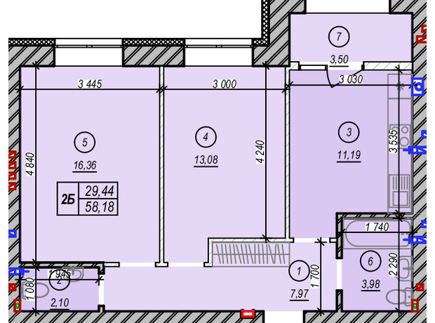 ЖК Молодость: планировка 2-комнатной квартиры 58.18 м²