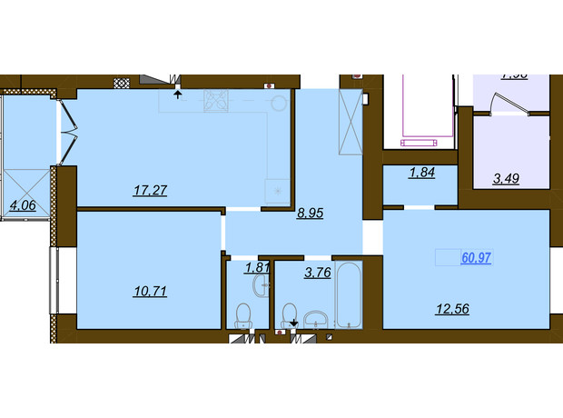 ЖК Молодість: планування 2-кімнатної квартири 60.97 м²