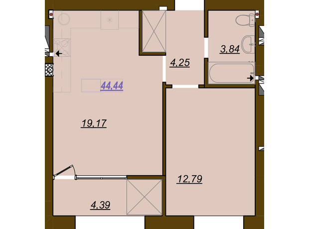 ЖК Молодість: планування 1-кімнатної квартири 44.44 м²