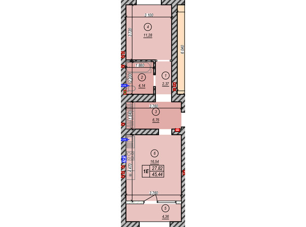 ЖК Молодость: планировка 1-комнатной квартиры 45.44 м²