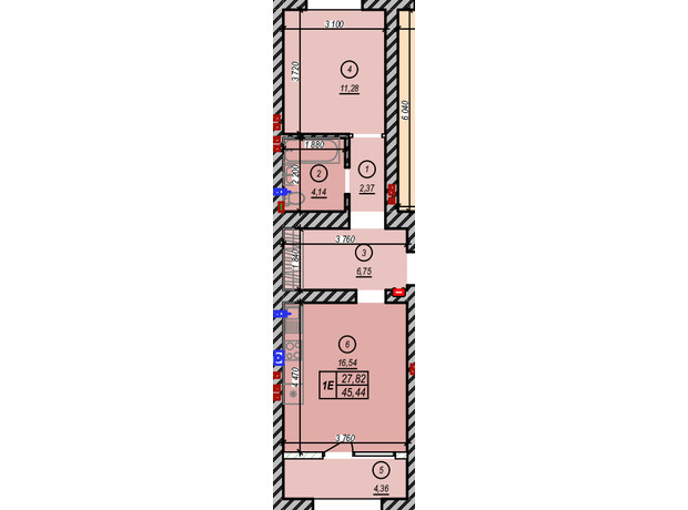 ЖК Молодость: планировка 1-комнатной квартиры 45.44 м²