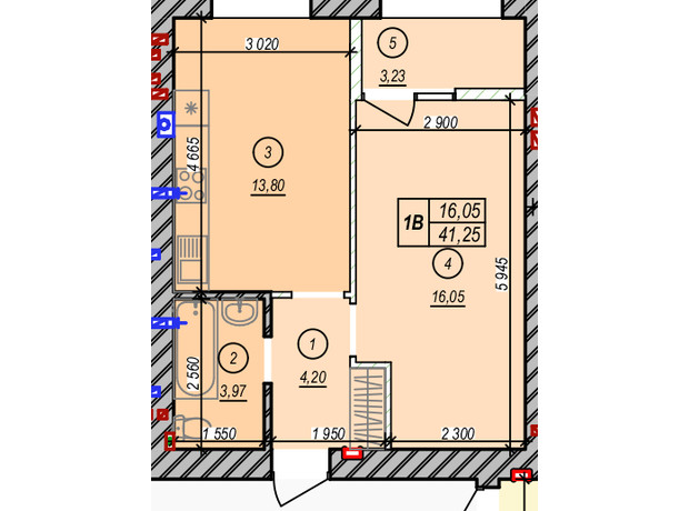 ЖК Молодість: планування 1-кімнатної квартири 41.25 м²