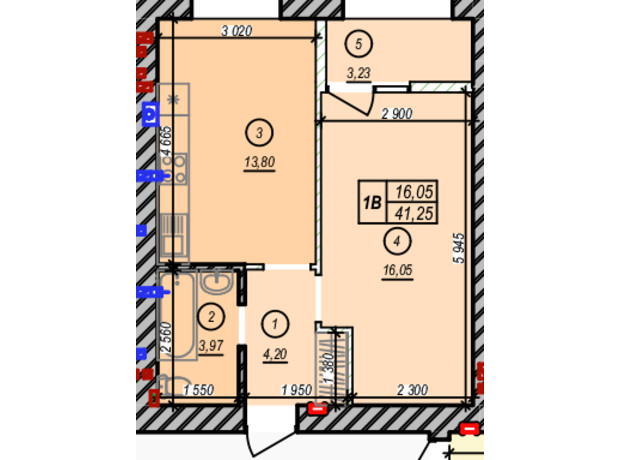 ЖК Молодость: планировка 1-комнатной квартиры 41.25 м²