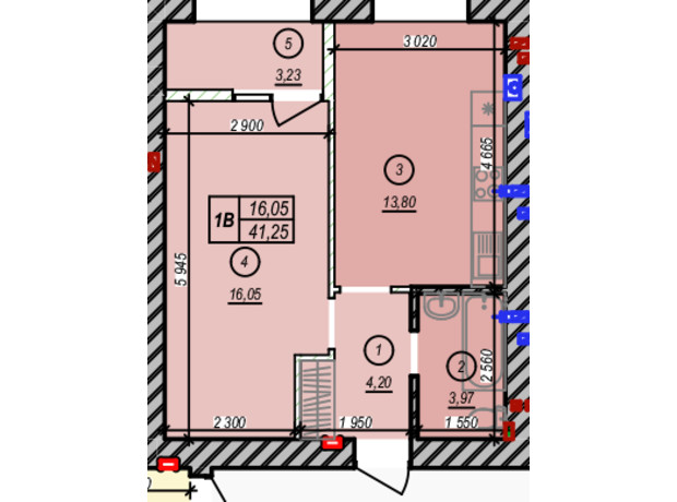 ЖК Молодість: планування 1-кімнатної квартири 41.25 м²