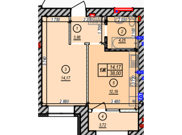 ЖК Молодость: планировка 1-комнатной квартиры 38 м²