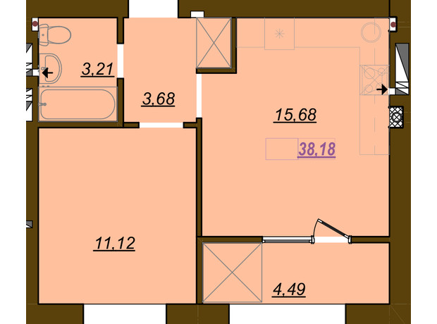 ЖК Молодость: планировка 1-комнатной квартиры 38.18 м²