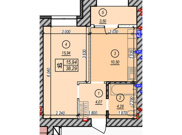 ЖК Молодость: планировка 1-комнатной квартиры 38.29 м²