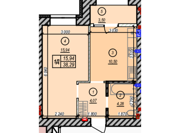 ЖК Молодость: планировка 1-комнатной квартиры 38.29 м²