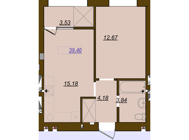 ЖК Молодість: планування 1-кімнатної квартири 39.4 м²