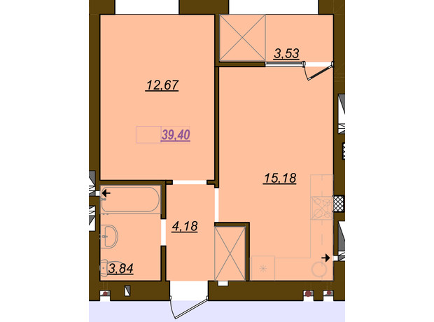 ЖК Молодість: планування 1-кімнатної квартири 39.4 м²