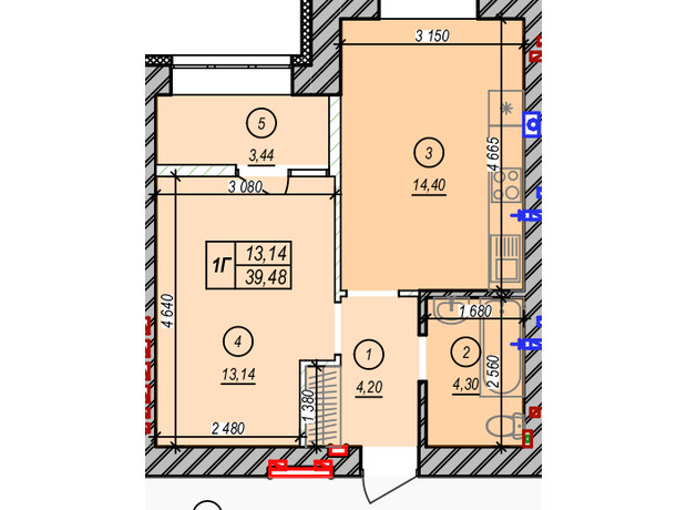 ЖК Молодость: планировка 1-комнатной квартиры 39.48 м²