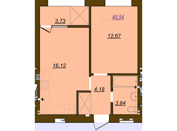 ЖК Молодість: планування 1-кімнатної квартири 40.54 м²