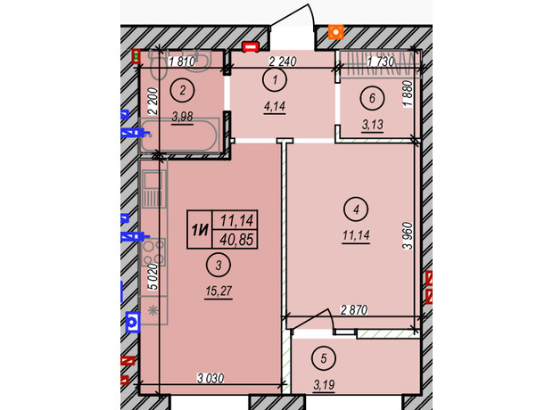 ЖК Молодість: планування 1-кімнатної квартири 40.85 м²