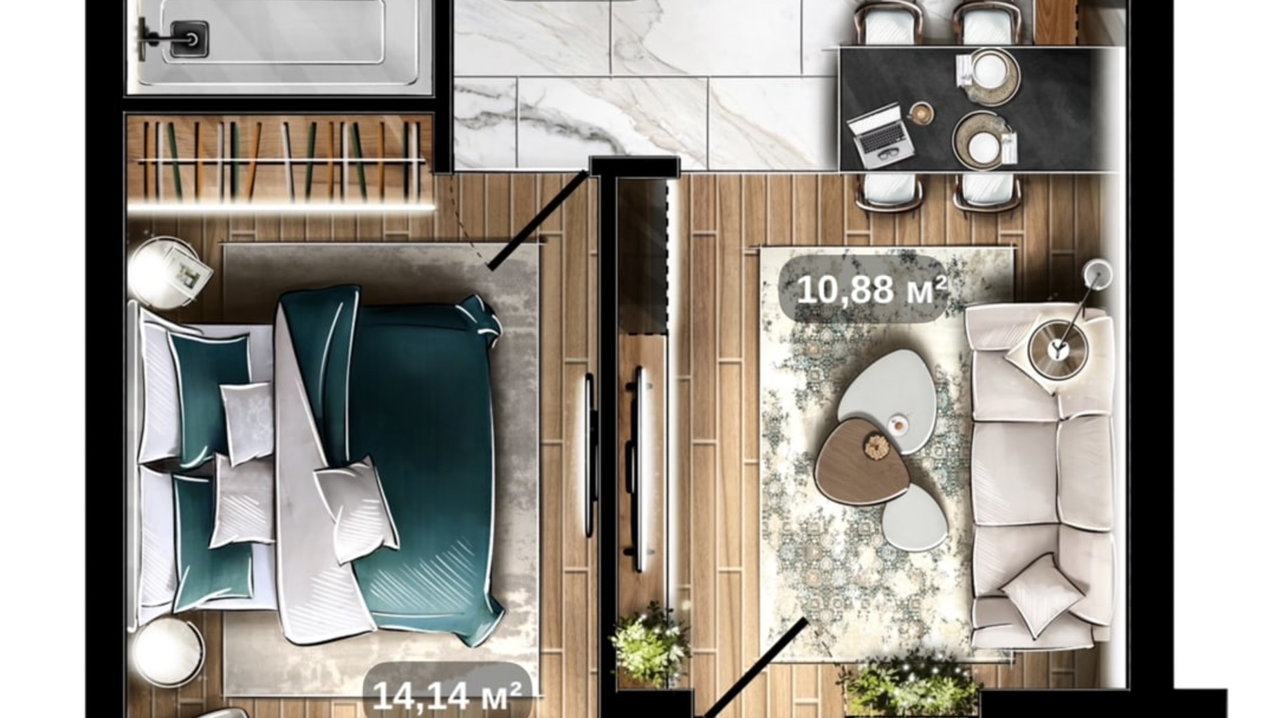 Планування 1-кімнатної квартири в ЖК Central Park 45.23 м², фото 675401