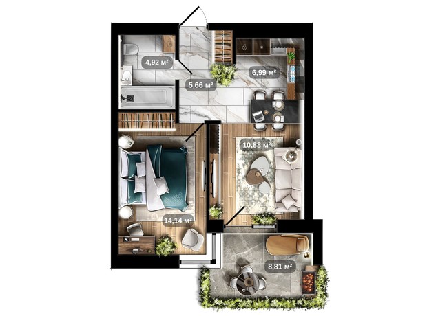 ЖК Central Park: планування 1-кімнатної квартири 45.23 м²