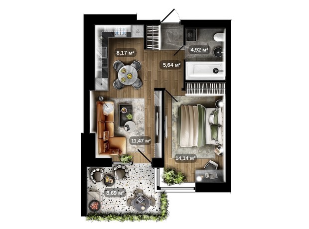 ЖК Central Park: планування 1-кімнатної квартири 46.95 м²