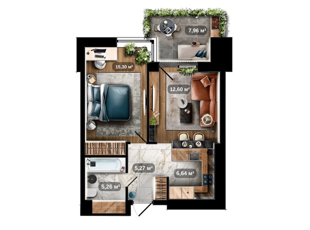 ЖК Central Park: планировка 1-комнатной квартиры 47.46 м²