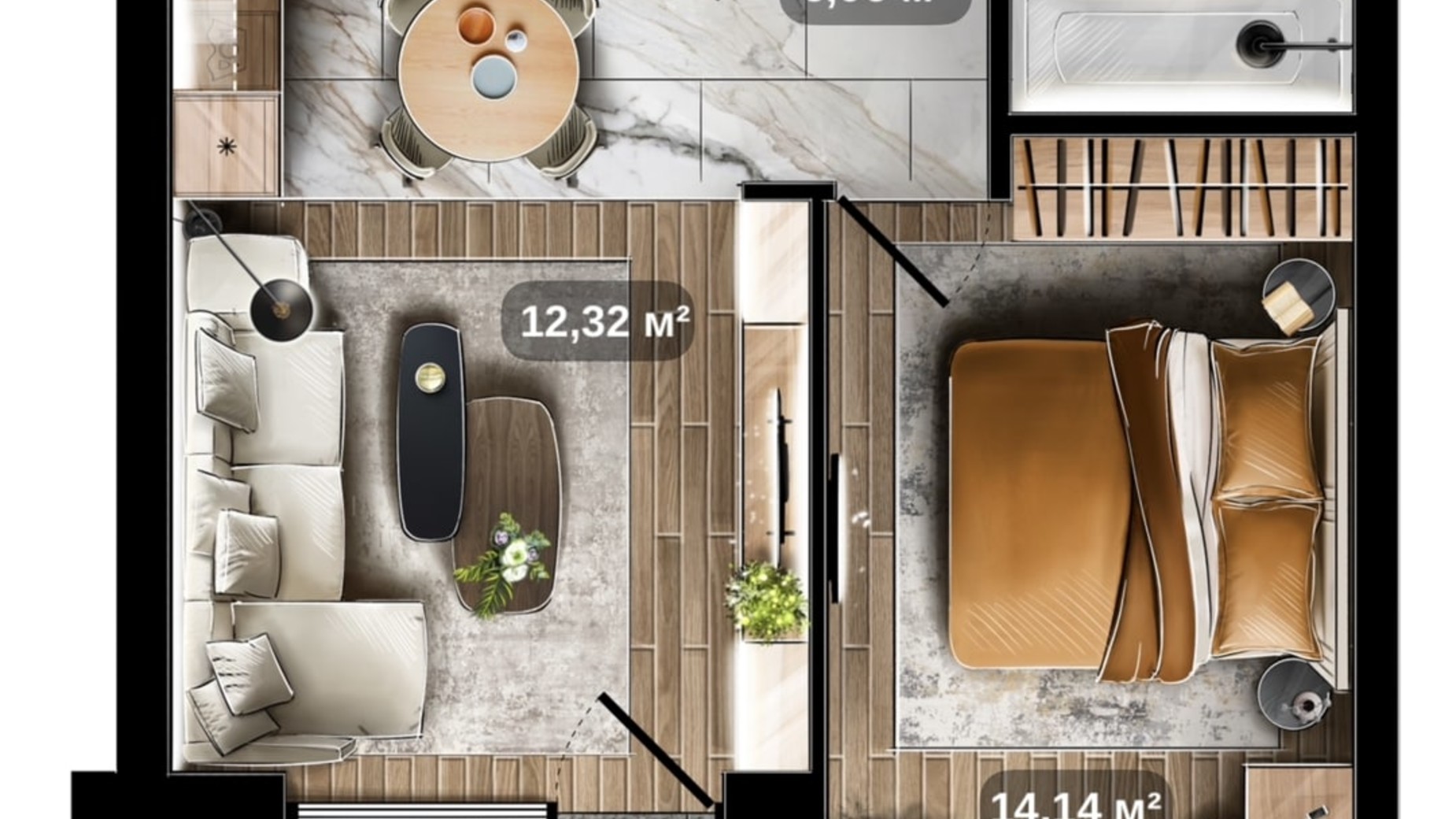 Планування 1-кімнатної квартири в ЖК Central Park 48.28 м², фото 675405