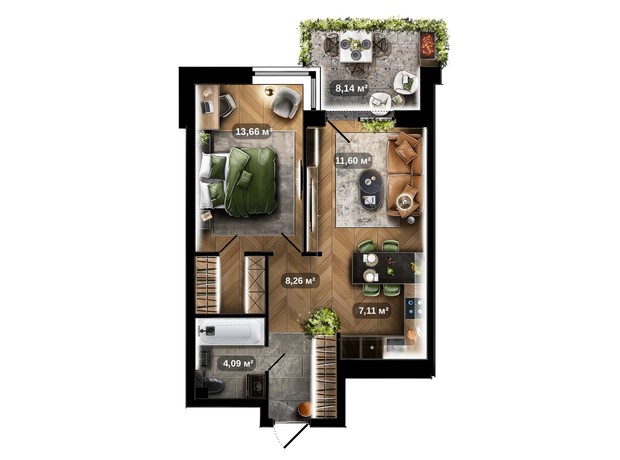 ЖК Central Park: планування 1-кімнатної квартири 50.16 м²