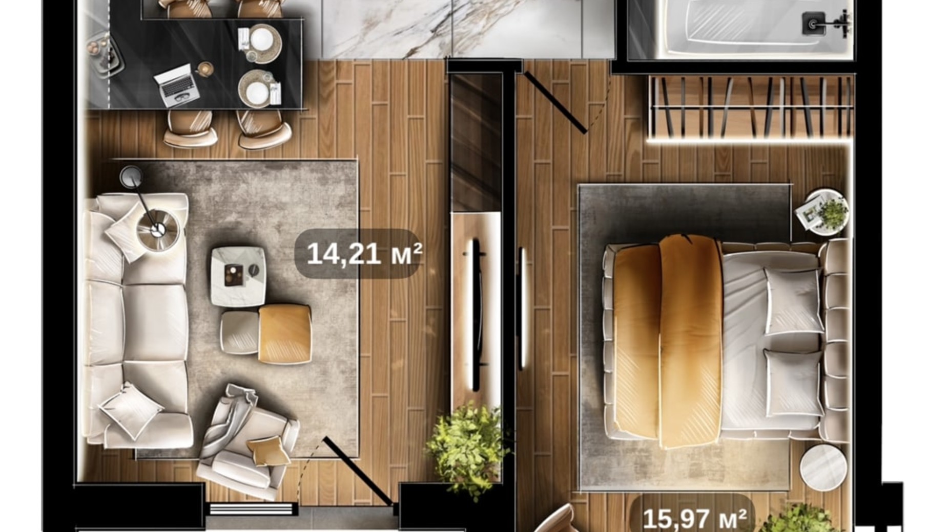 Планування 1-кімнатної квартири в ЖК Central Park 51.3 м², фото 675407