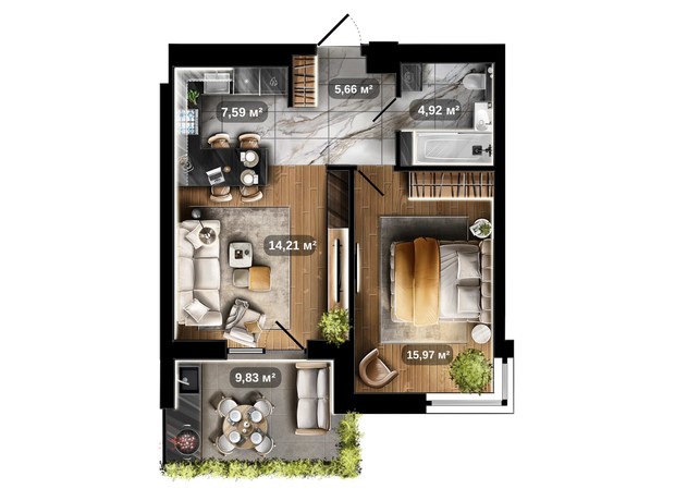 ЖК Central Park: планування 1-кімнатної квартири 51.3 м²