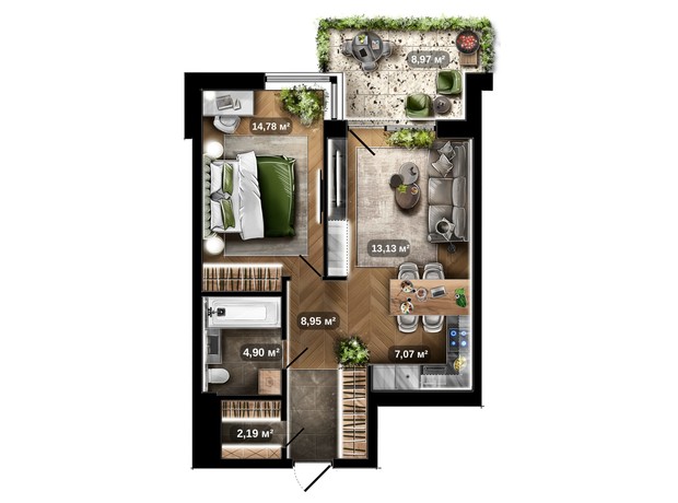 ЖК Central Park: планировка 1-комнатной квартиры 53.71 м²