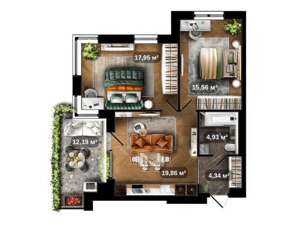 ЖК Central Park: планировка 2-комнатной квартиры 66.3 м²