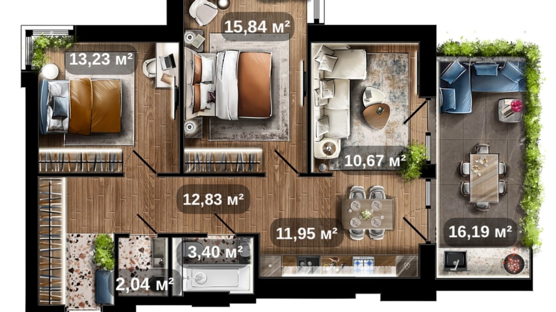 Планировка 2-комнатной квартиры в ЖК Central Park 74.82 м², фото 675416