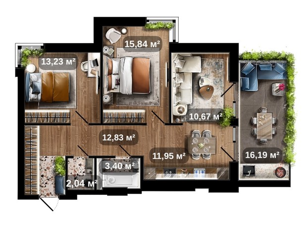 ЖК Central Park: планировка 2-комнатной квартиры 74.82 м²