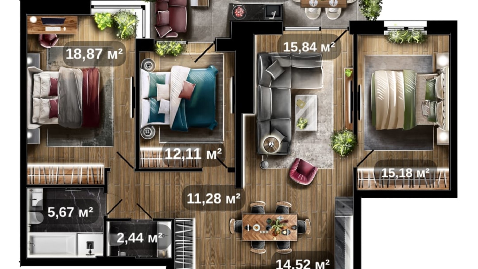 Планировка 3-комнатной квартиры в ЖК Central Park 100.65 м², фото 675420