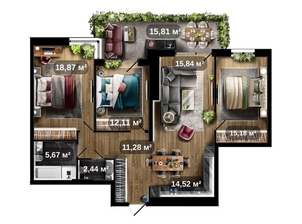 ЖК Central Park: планировка 3-комнатной квартиры 100.65 м²