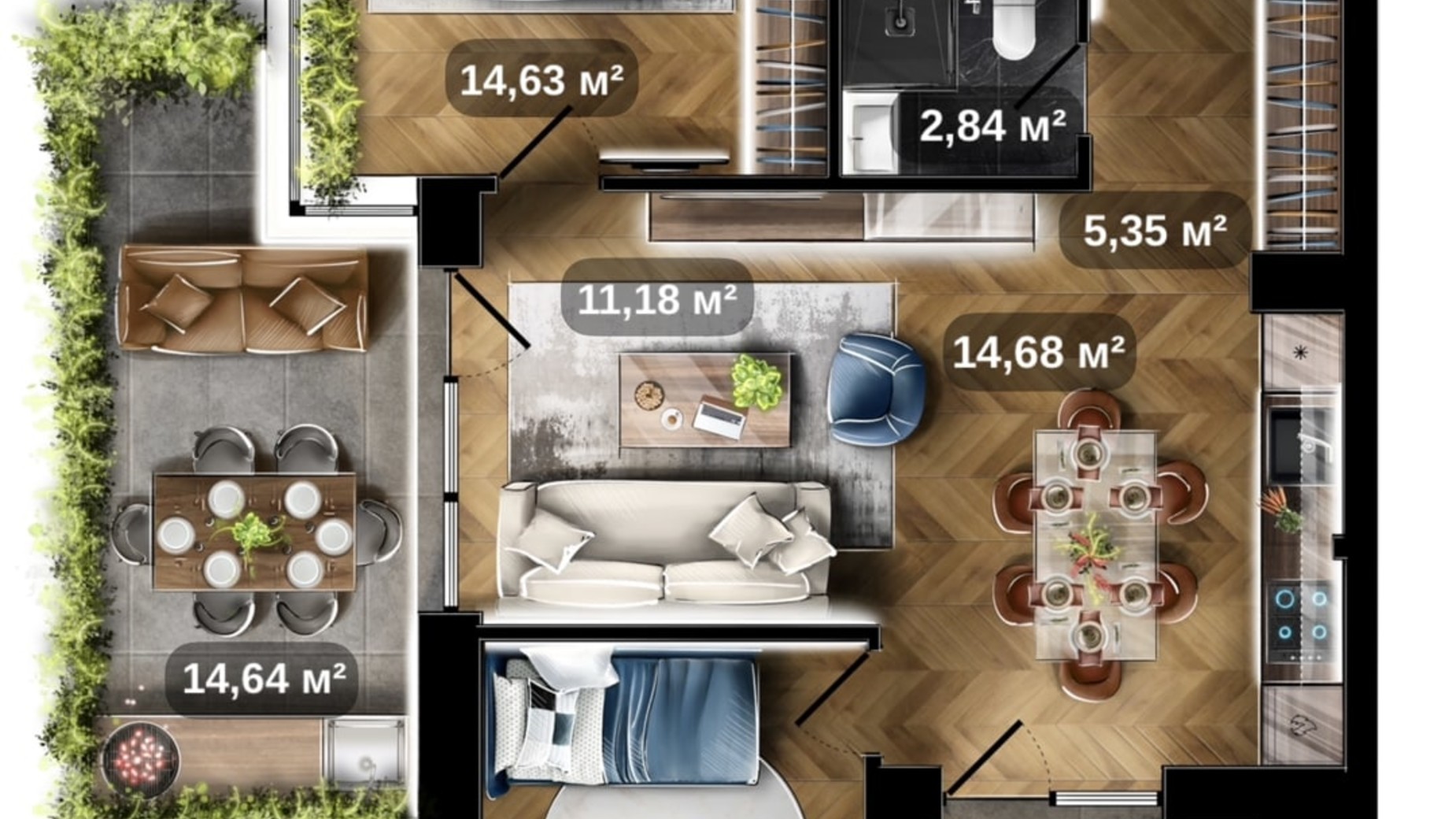 Планировка 2-комнатной квартиры в ЖК Central Park 69.41 м², фото 675421